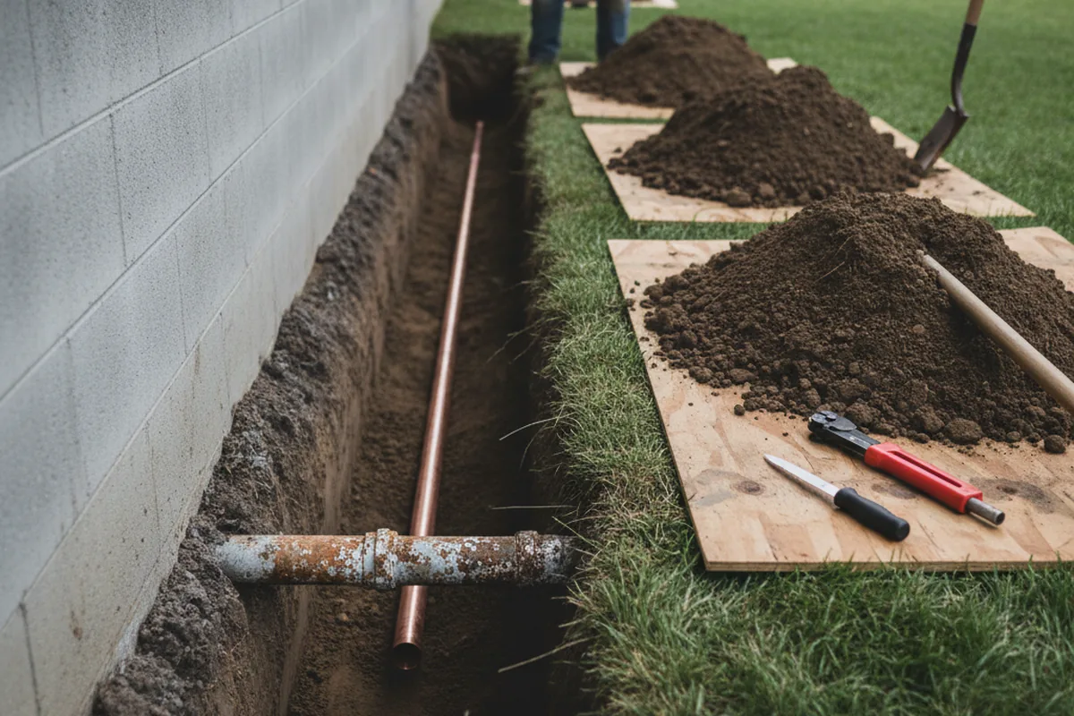Excavated water line trench during Sewer Line Repair in Plano